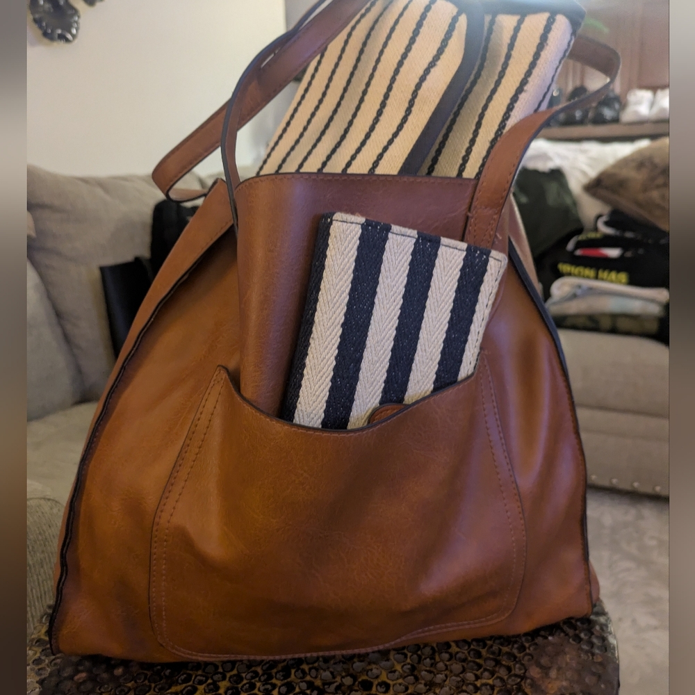 Maurice's Brown Leather Tote with Striped Accessories